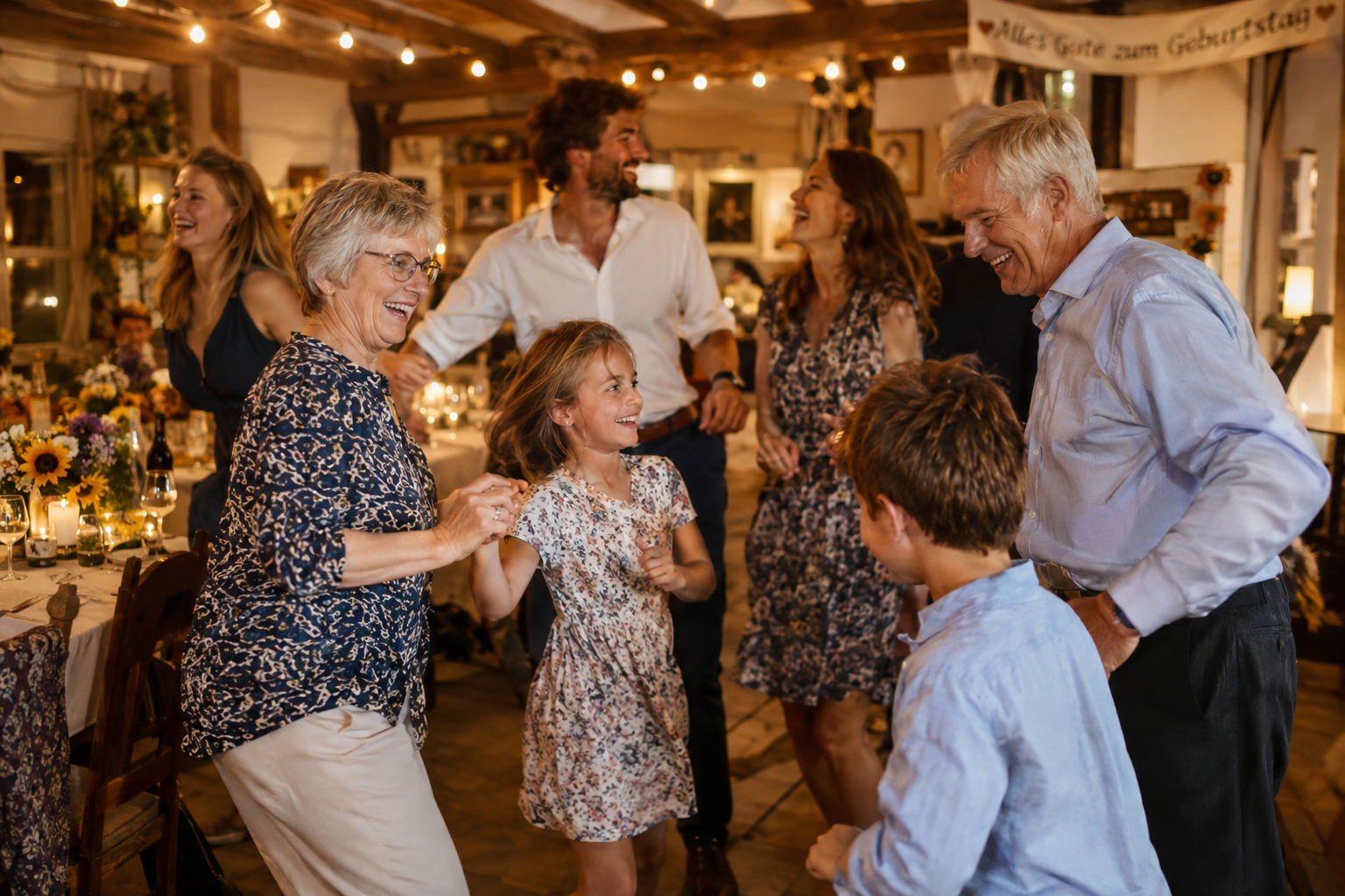Mehrere Generationen einer Familie tanzen gemeinsam bei einer Geburtstagsfeier